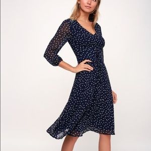 NAVY BLUE POLKA DOT LONG SLEEVE MIDI DRESS
